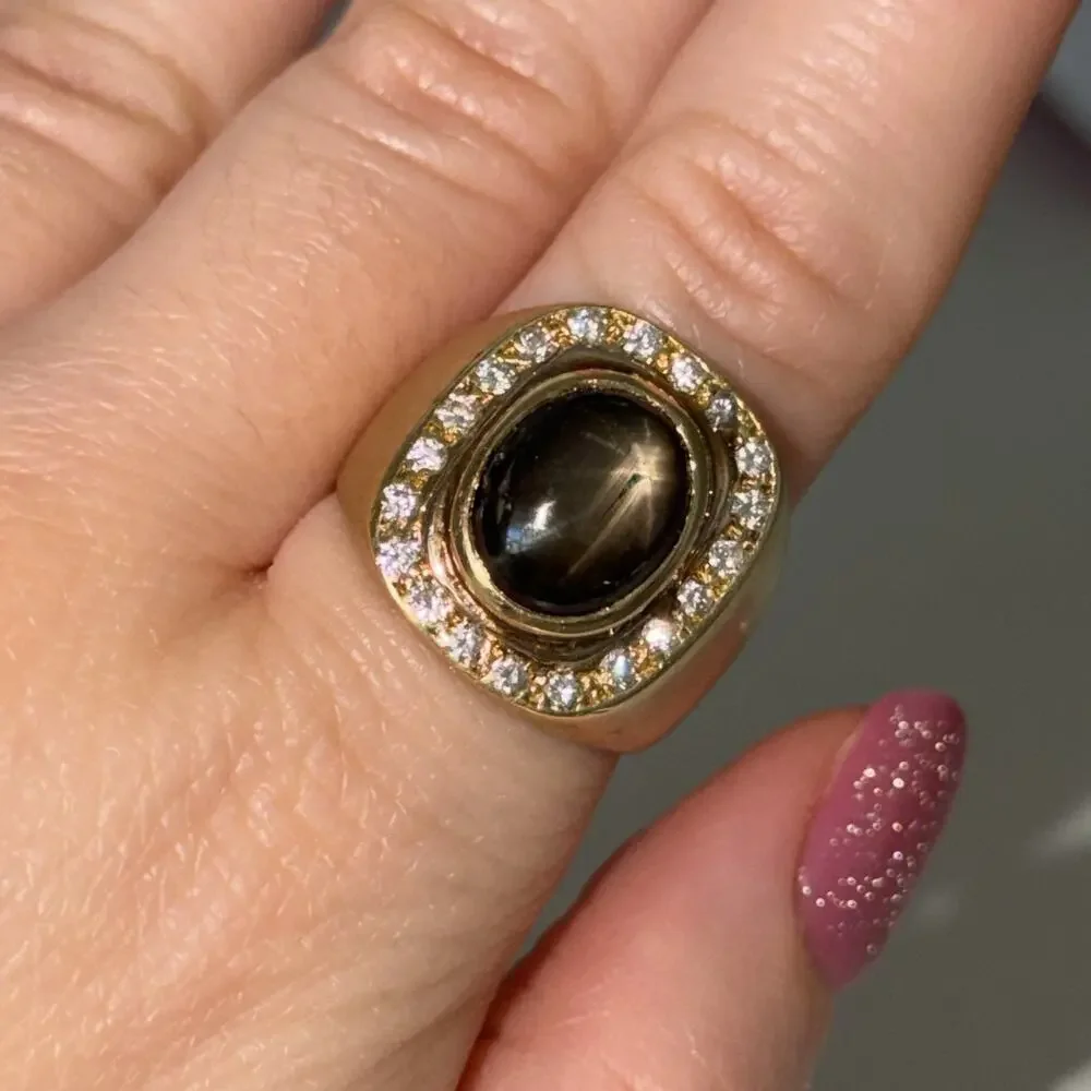 Vintage 14K Yellow Gold West Germany Smoky Cabochon Diamond Chunky Ring Sz 7.25